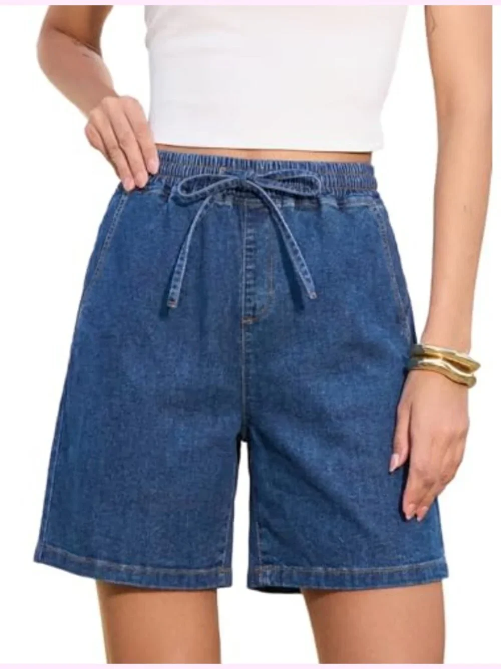 Women's High Waisted Baggy Jean Shorts, Drawstring Elastic Stretch Denim Shorts